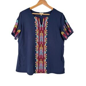 Layers Clothing Top Womens Medium Navy Blue Boho Embroidered Split Neck CR306